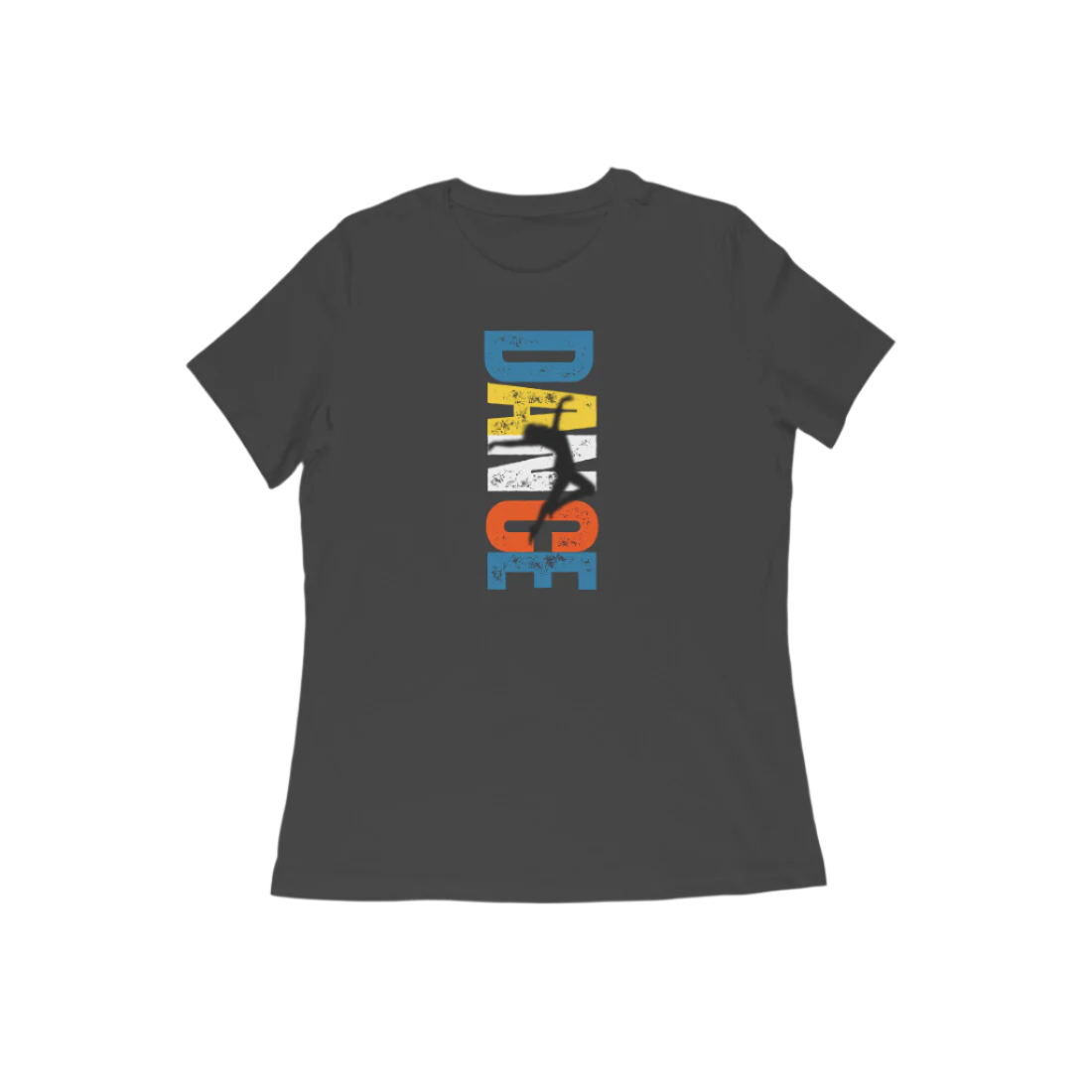 Dance Women’s Black Round Neck Graphic Printed T-Shirt from Store Asmi with dancer silhouette and vibrant typography.