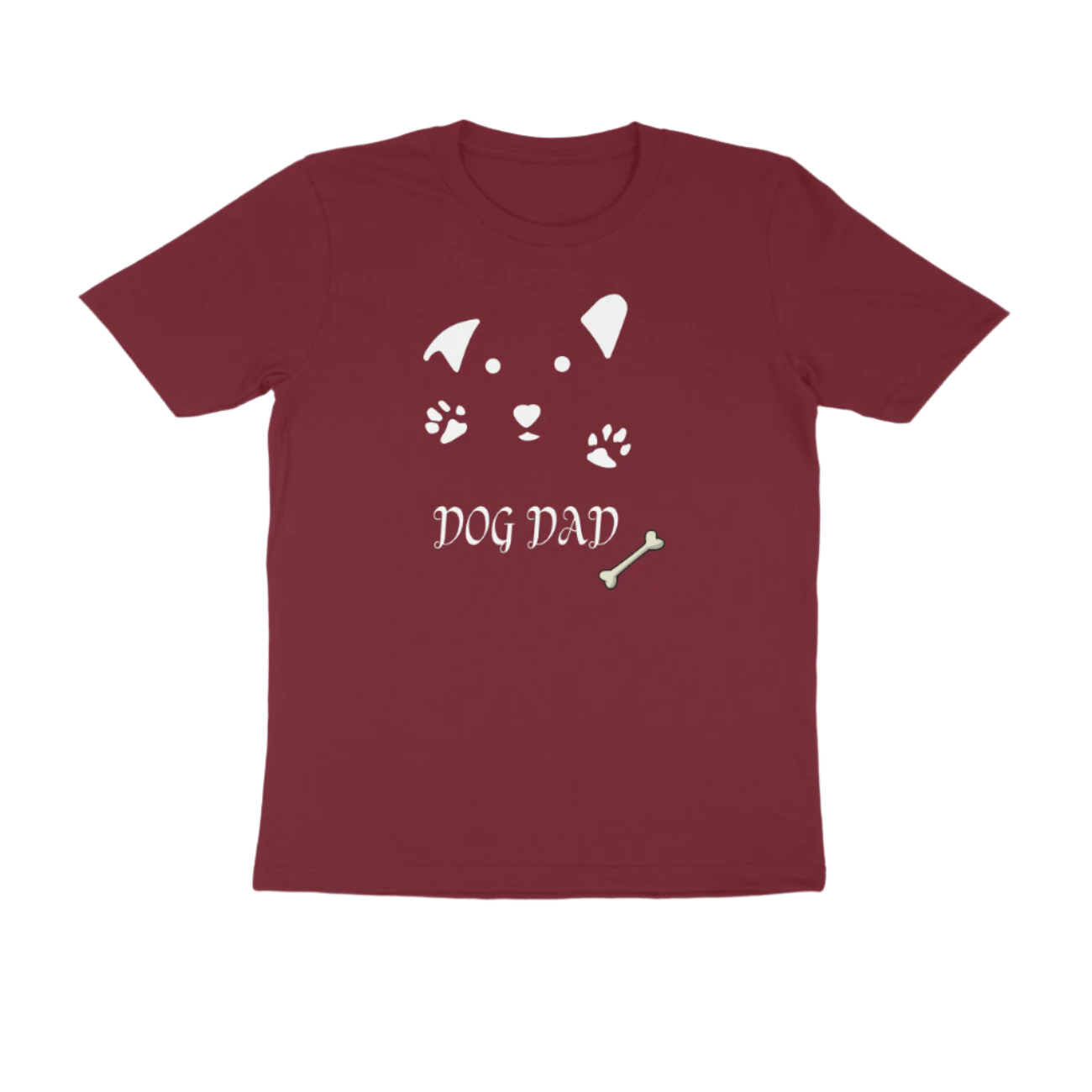 Dog Dad Men’s T-Shirt maroon with dog face and bone graphic, funny animal lover gift t-shirt by Store Asmi