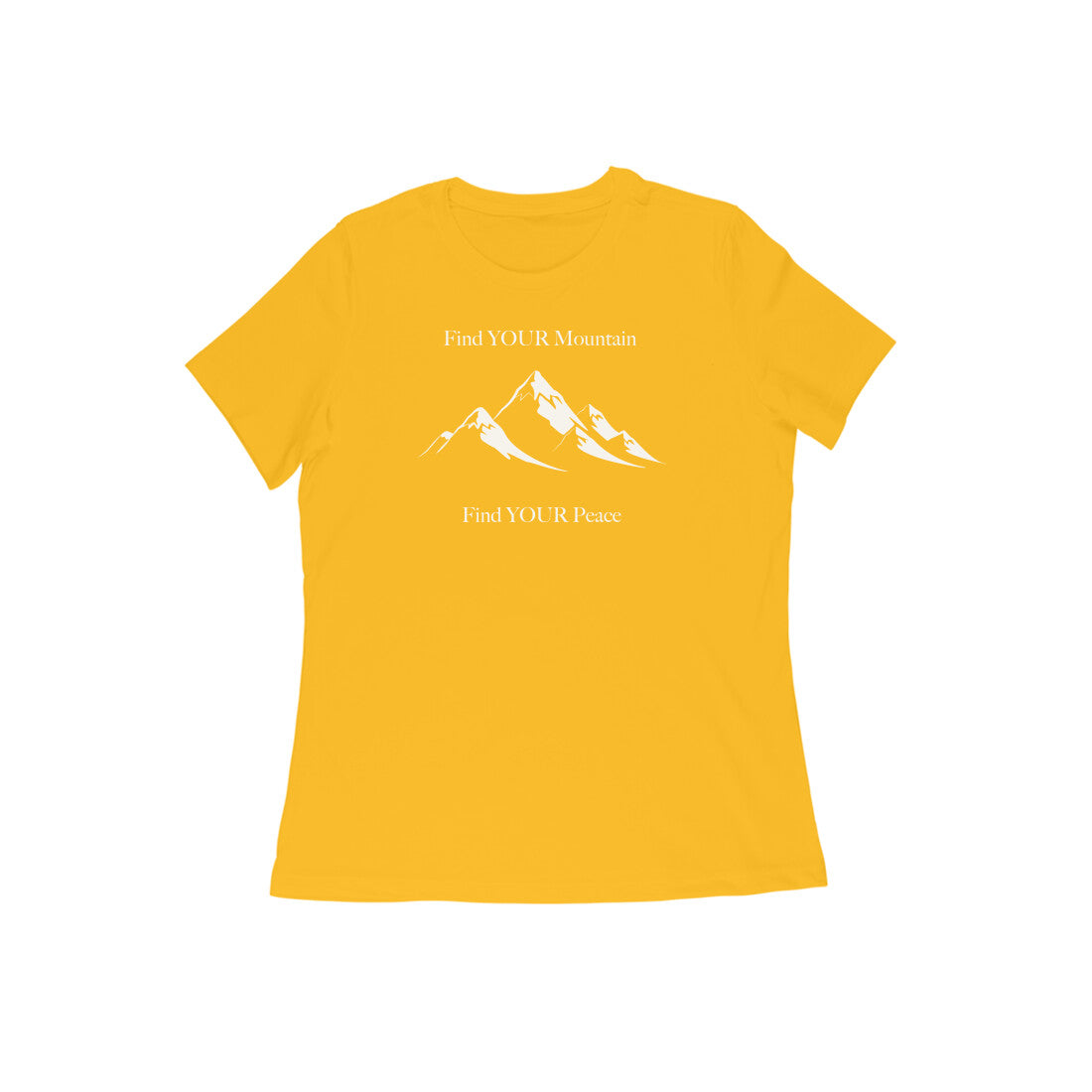 Find Your Mountain graphic printed women's t-shirt in golden yellow color - front view