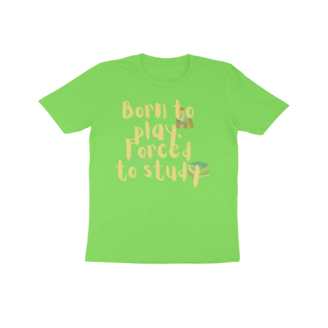 Forced to Study Kid’s T-Shirt in liril green color from Store Asmi featuring “Born to play, Forced to study” funny quote design.