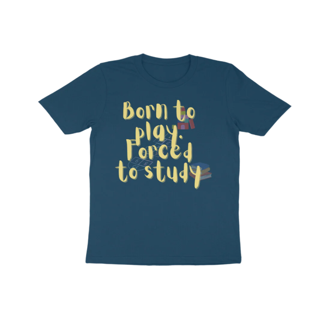 Forced to Study Kid’s T-Shirt in navy blue color from Store Asmi featuring “Born to play, Forced to study” funny quote design.