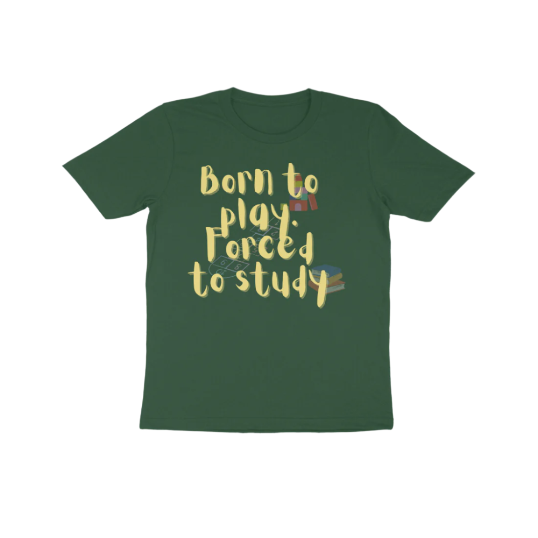 Forced to Study Kid’s T-Shirt in olive green color from Store Asmi featuring “Born to play, Forced to study” funny quote design.