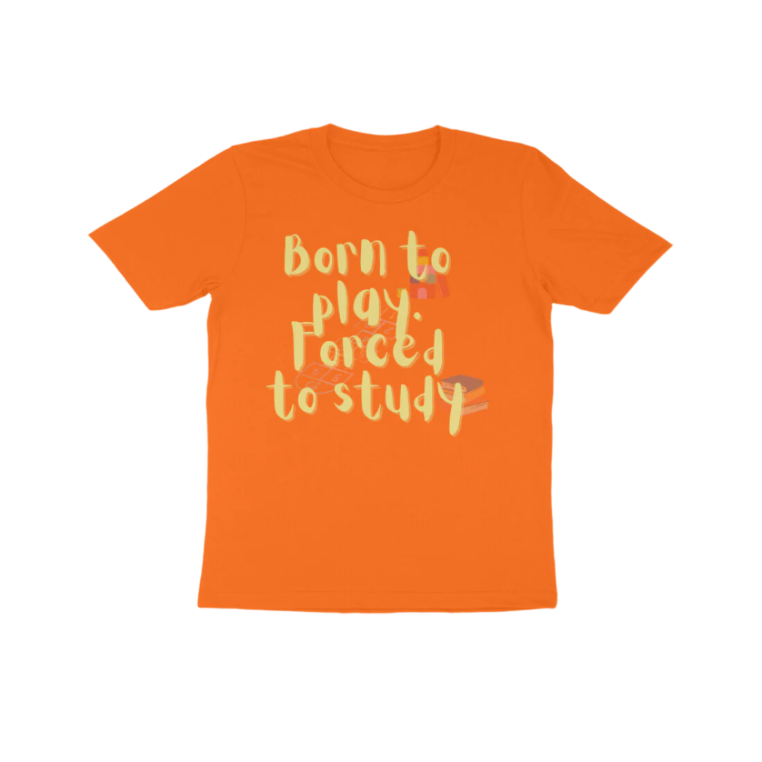 Forced to Study Kid’s T-Shirt in orange color from Store Asmi featuring “Born to play, Forced to study” funny quote design.