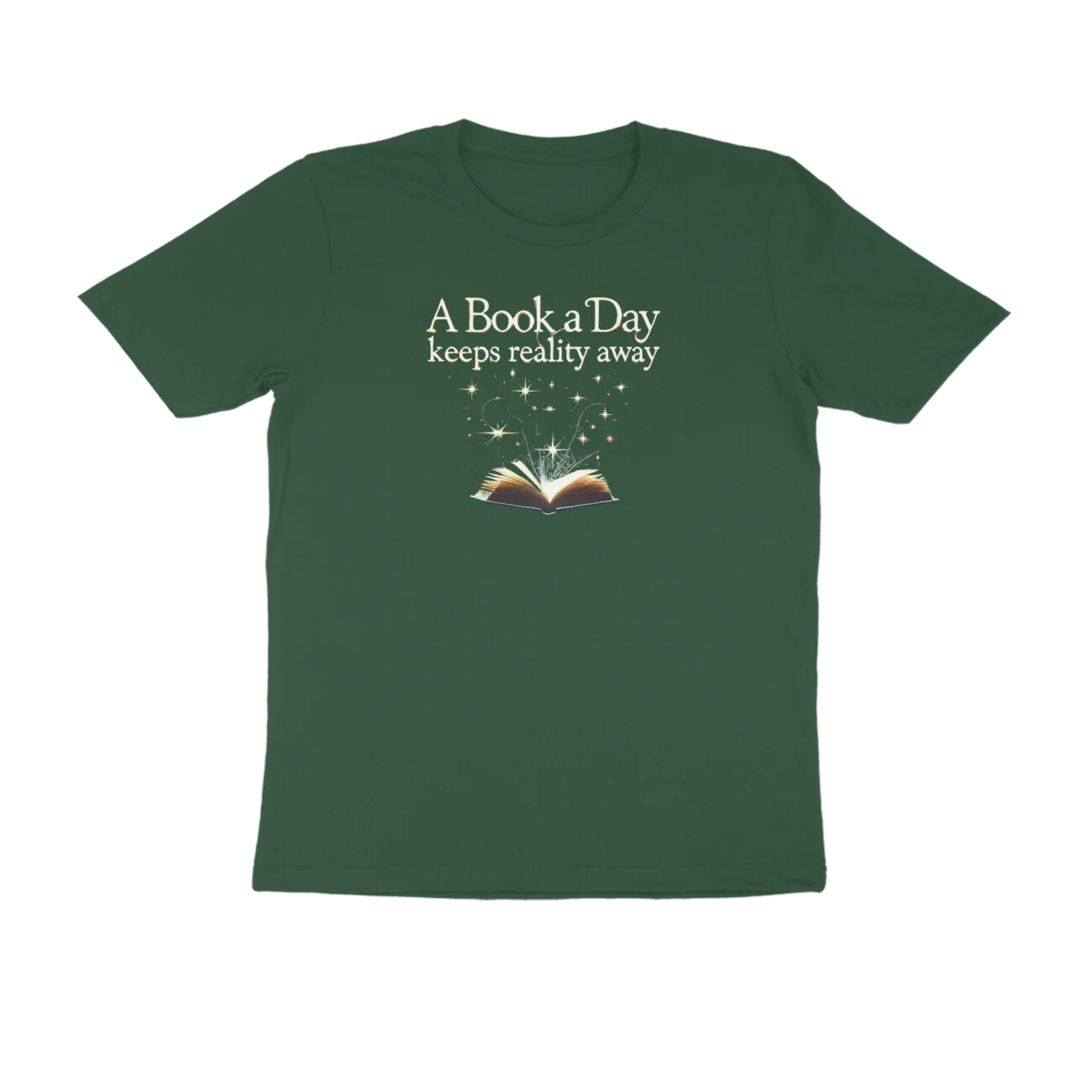 Green t-shirt with book-themed design and text on a white background