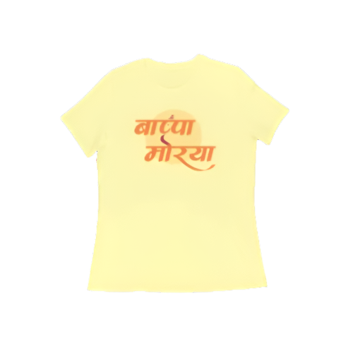 Ganpati Bappa Morya women’s round neck Ganesh Festival t-shirt in butter yellow cotton with “बाप्पा मोरया” devotional graphic print for Ganesh Chaturthi