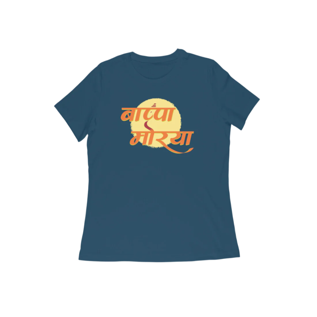 Ganpati Bappa Morya women’s round neck Ganesh Festival t-shirt in navy blue cotton with “बाप्पा मोरया” devotional graphic print for Ganesh Chaturthi