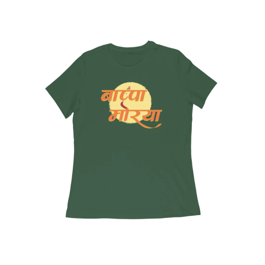 Ganpati Bappa Morya women’s round neck Ganesh Festival t-shirt in olive green cotton with “बाप्पा मोरया” devotional graphic print for Ganesh Chaturthi