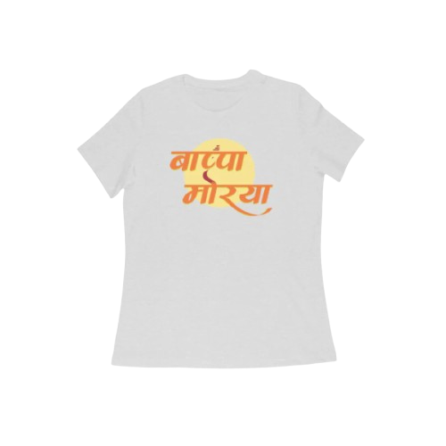 Ganpati Bappa Morya women’s round neck Ganesh Festival t-shirt in white cotton with “बाप्पा मोरया” devotional graphic print for Ganesh Chaturthi