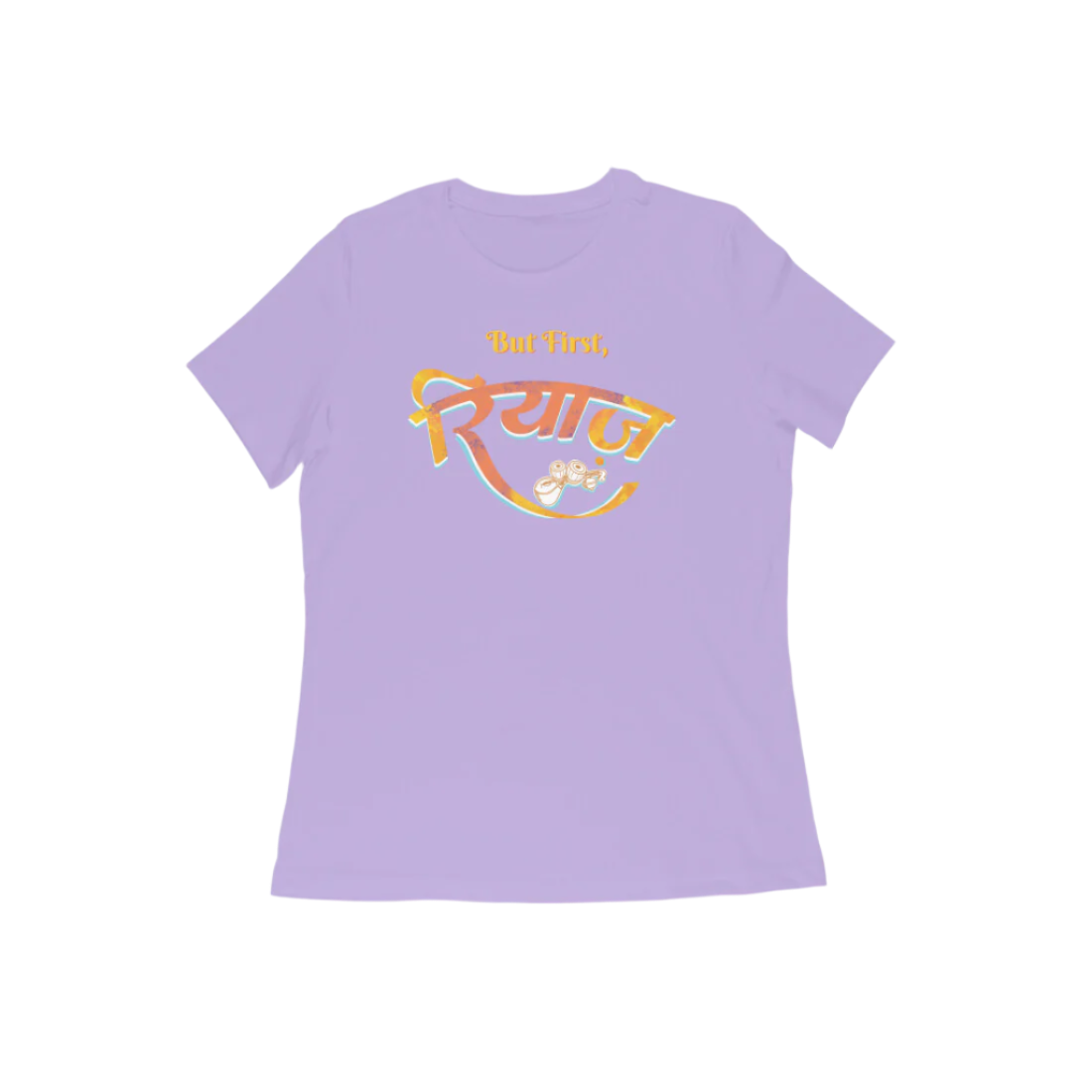 Iris Lavender Riyaz women’s round neck music t-shirt with But First रियाज calligraphy and tabla artwork, a graphic printed classical cotton women’s t-shirt