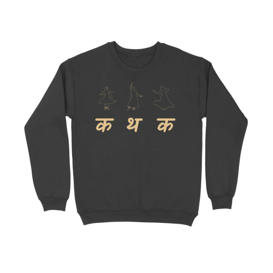 Kathak Nartaki Women’s Sweatshirt in black from Store Asmi featuring elegant Kathak Mudra dance print inspired by Indian classical art.