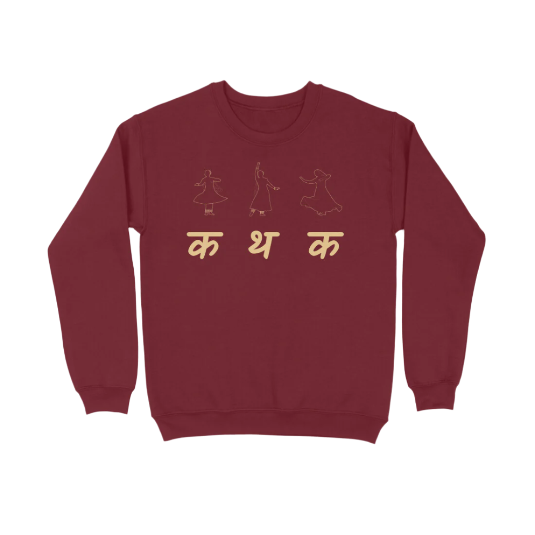 Kathak Nartaki Women’s Sweatshirt in maroon from Store Asmi featuring elegant Kathak Mudra dance print inspired by Indian classical art.