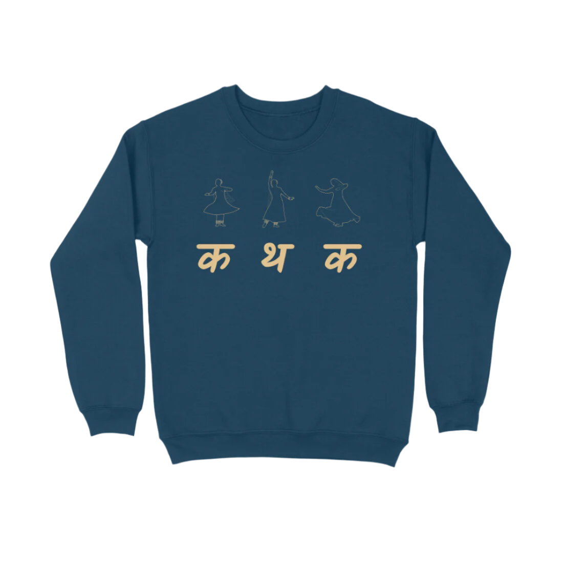 Kathak Nartaki Women’s Sweatshirt in navy blue from Store Asmi featuring elegant Kathak Mudra dance print inspired by Indian classical art.