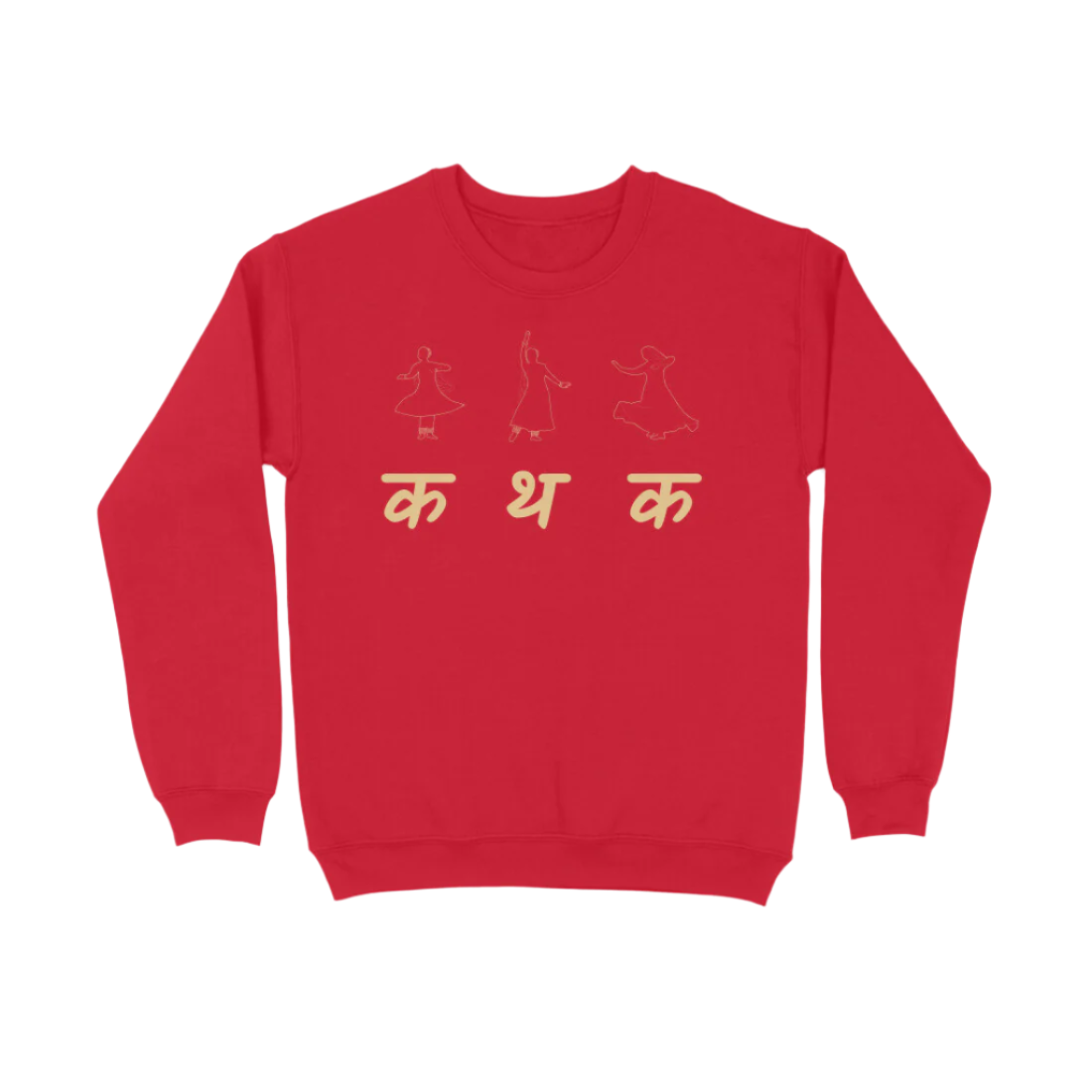 Kathak Nartaki Women’s Sweatshirt in red from Store Asmi featuring elegant Kathak Mudra dance print inspired by Indian classical art.