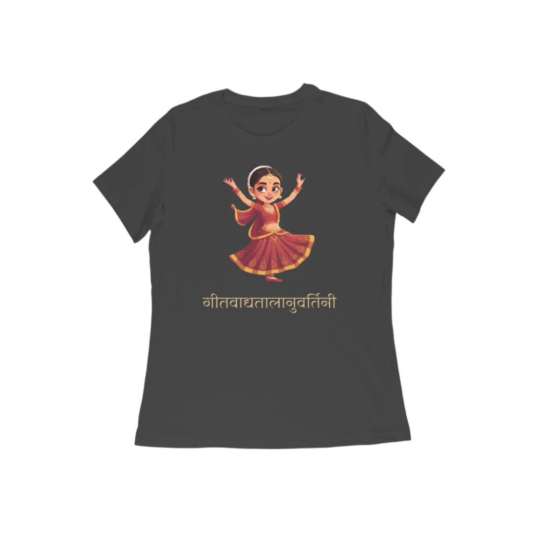 Kathak Nartaki Women’s T-Shirt in black from Store Asmi featuring elegant Kathak Mudra design inspired by Indian classical dance heritage.