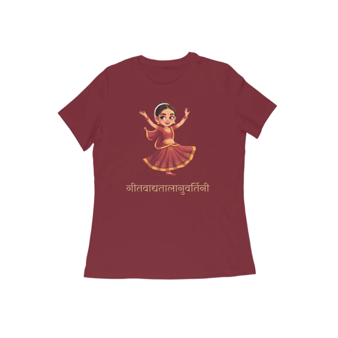 Kathak Nartaki Women’s T-Shirt in maroon from Store Asmi featuring elegant Kathak Mudra design inspired by Indian classical dance heritage.