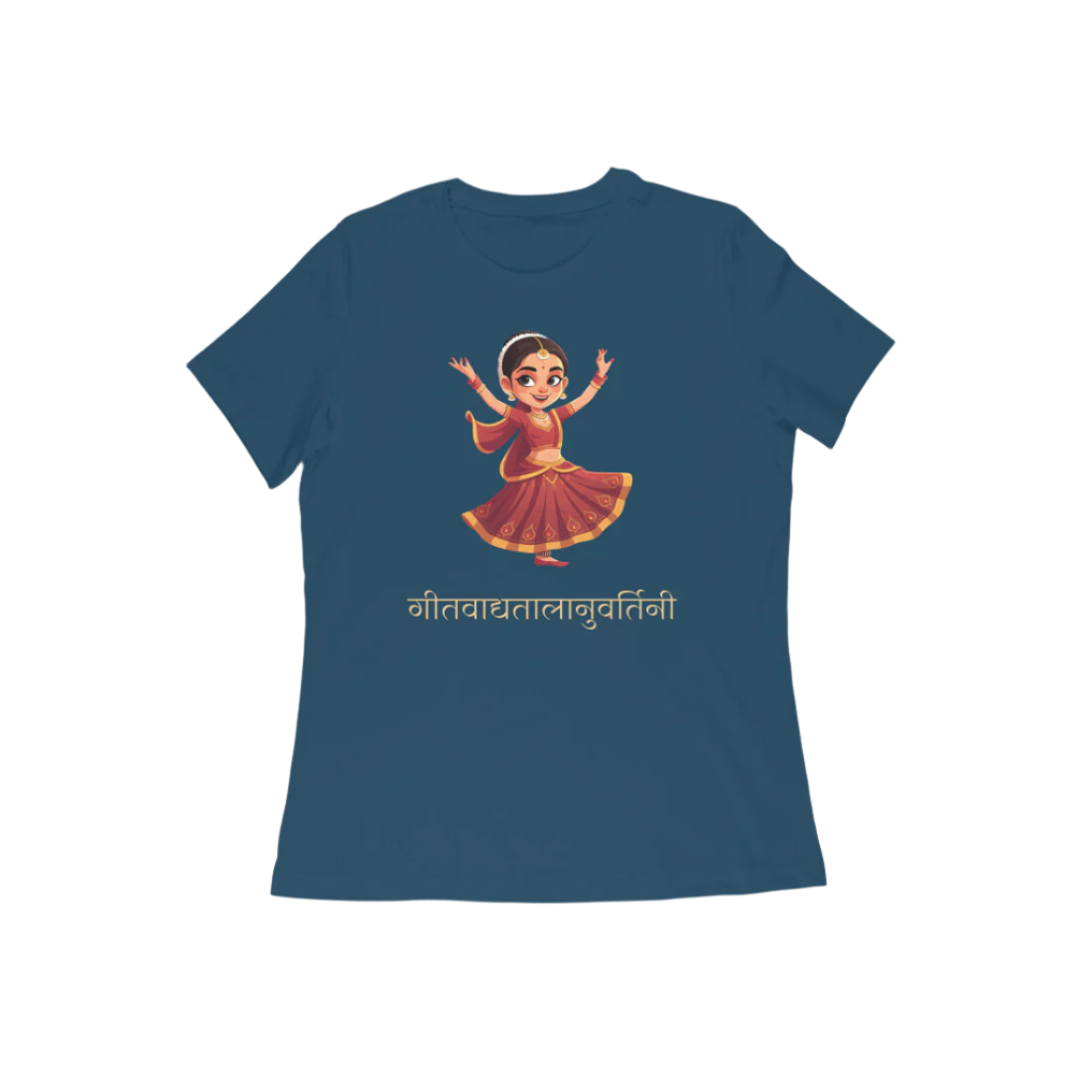 Kathak Nartaki Women’s T-Shirt in navy blue from Store Asmi featuring elegant Kathak Mudra design inspired by Indian classical dance heritage.