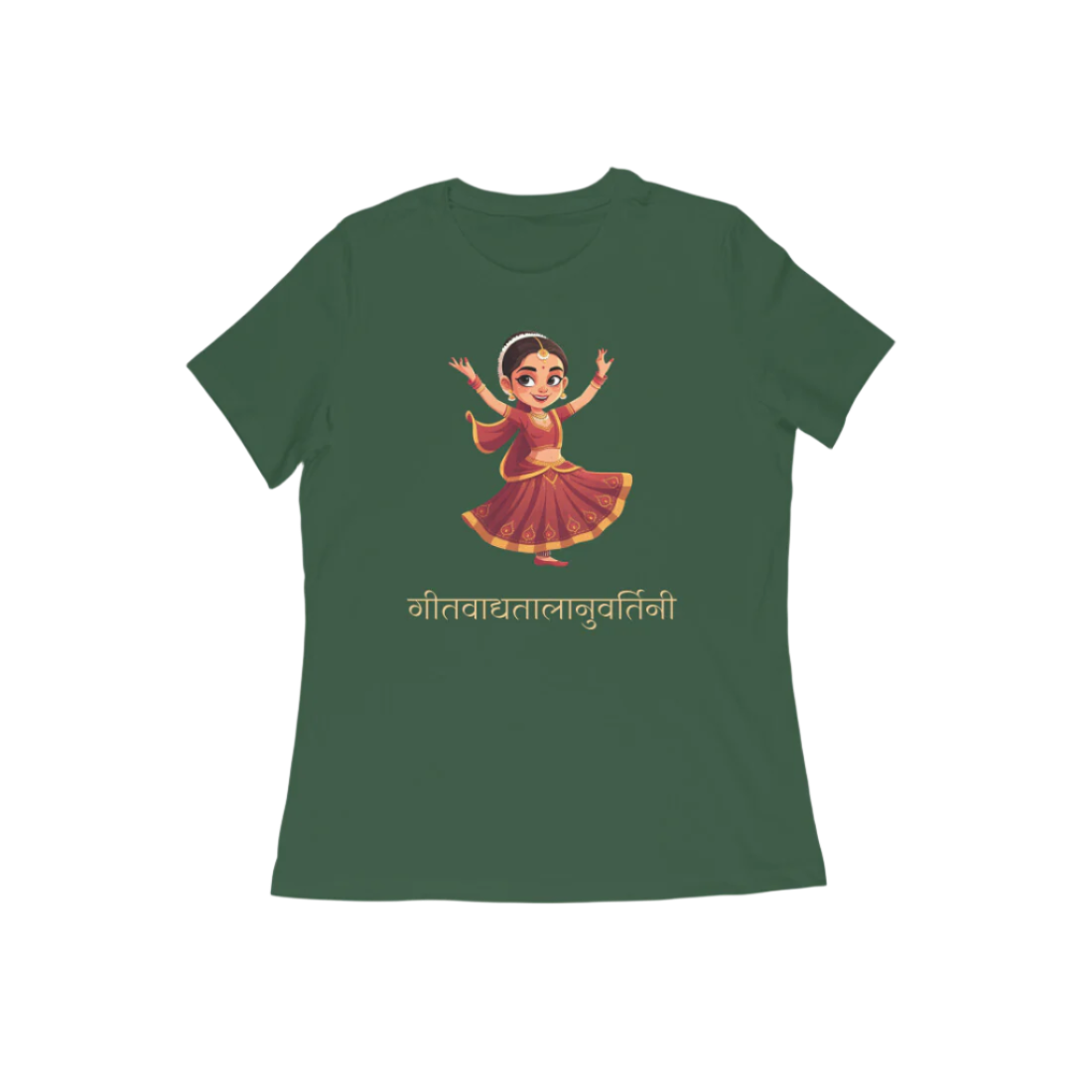 Kathak Nartaki Women’s T-Shirt in olive green from Store Asmi featuring elegant Kathak Mudra design inspired by Indian classical dance heritage.