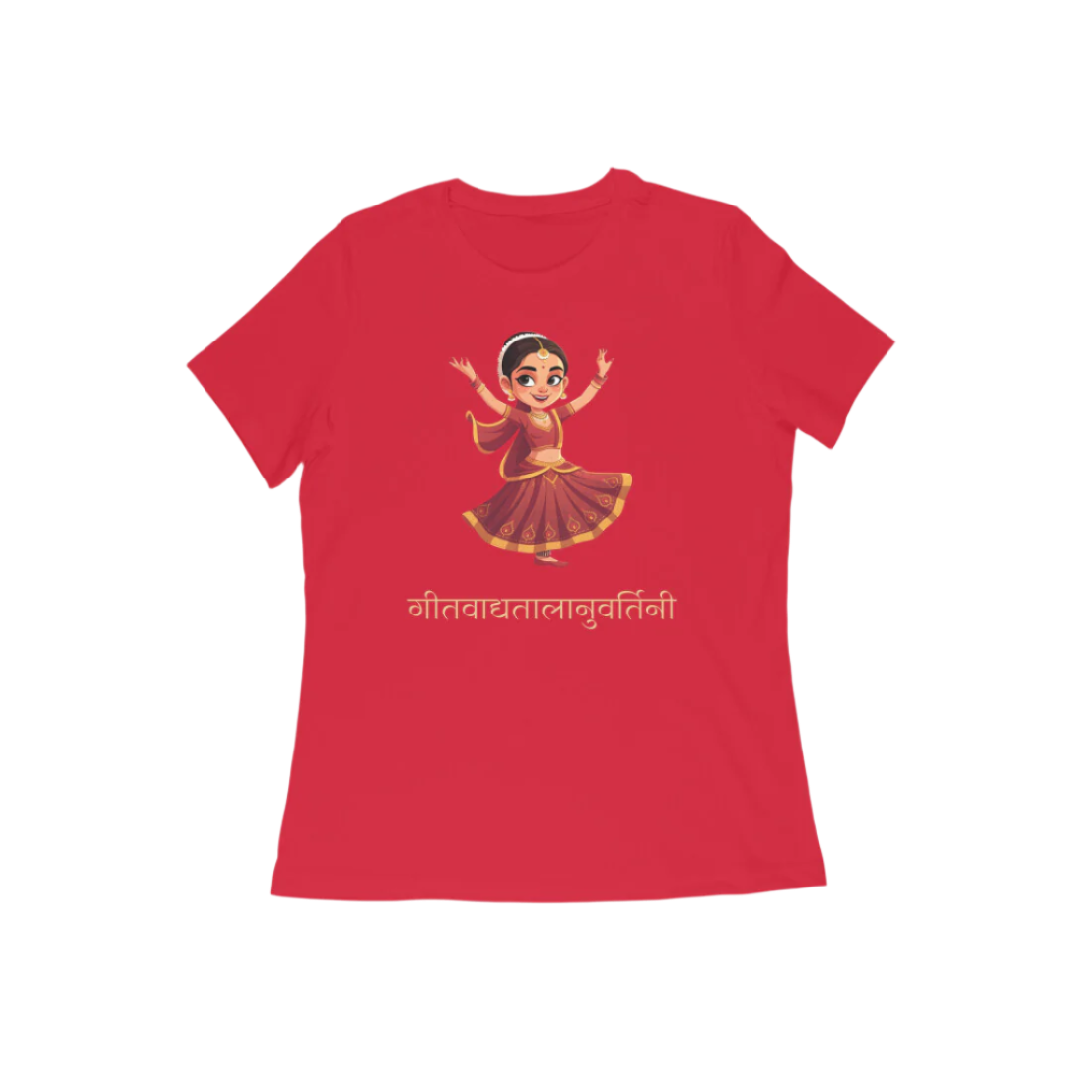 Kathak Nartaki Women’s T-Shirt in red from Store Asmi featuring elegant Kathak Mudra design inspired by Indian classical dance heritage.