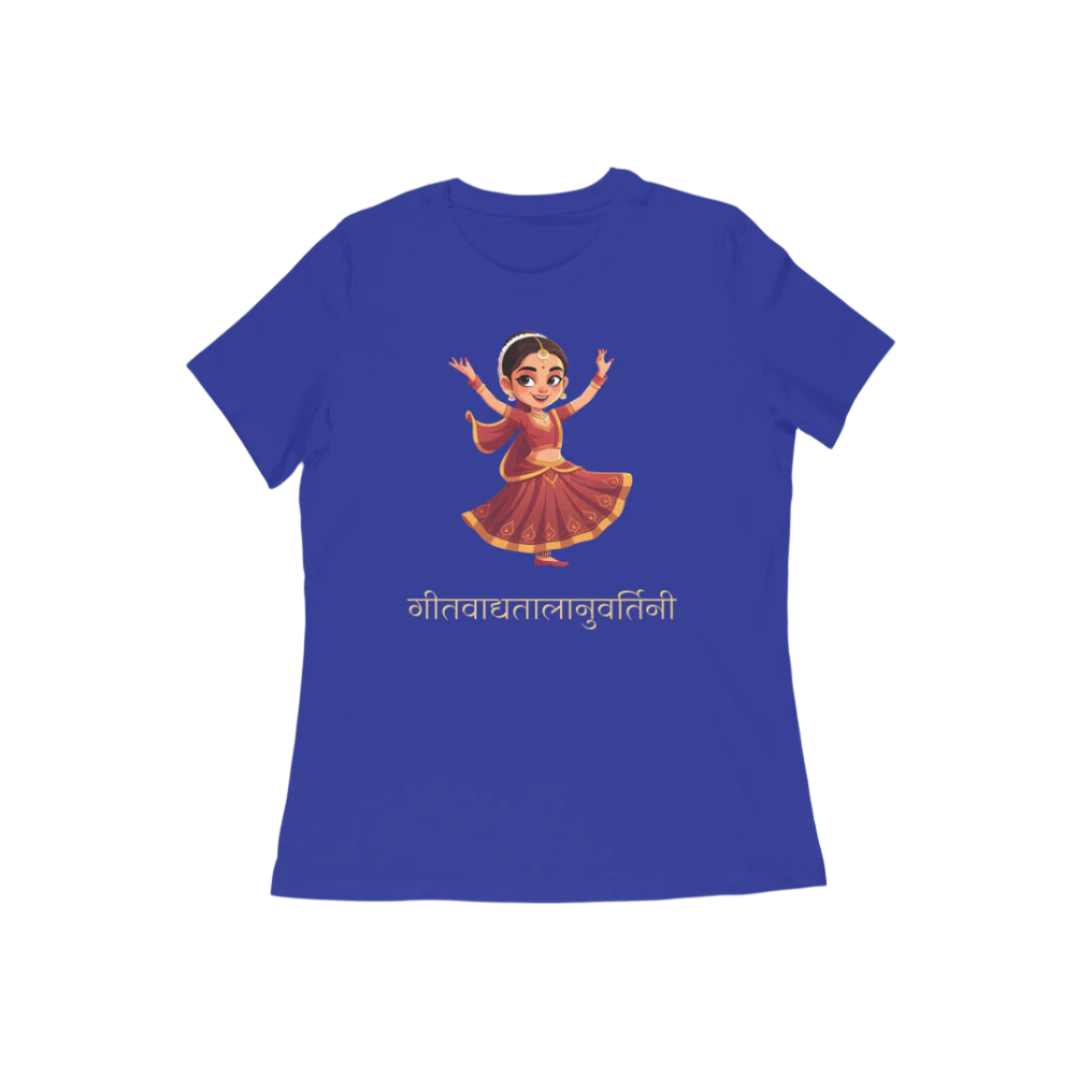 Kathak Nartaki Women’s T-Shirt in royal blue from Store Asmi featuring elegant Kathak Mudra design inspired by Indian classical dance heritage.