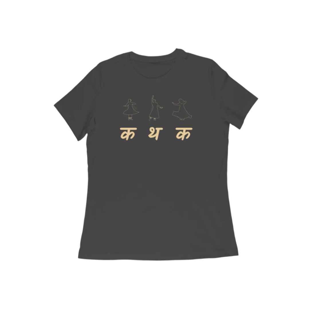 Kathak Women’s T-Shirt in black from Store Asmi featuring classical dance Kathak Mudra design and elegant Devanagari text.