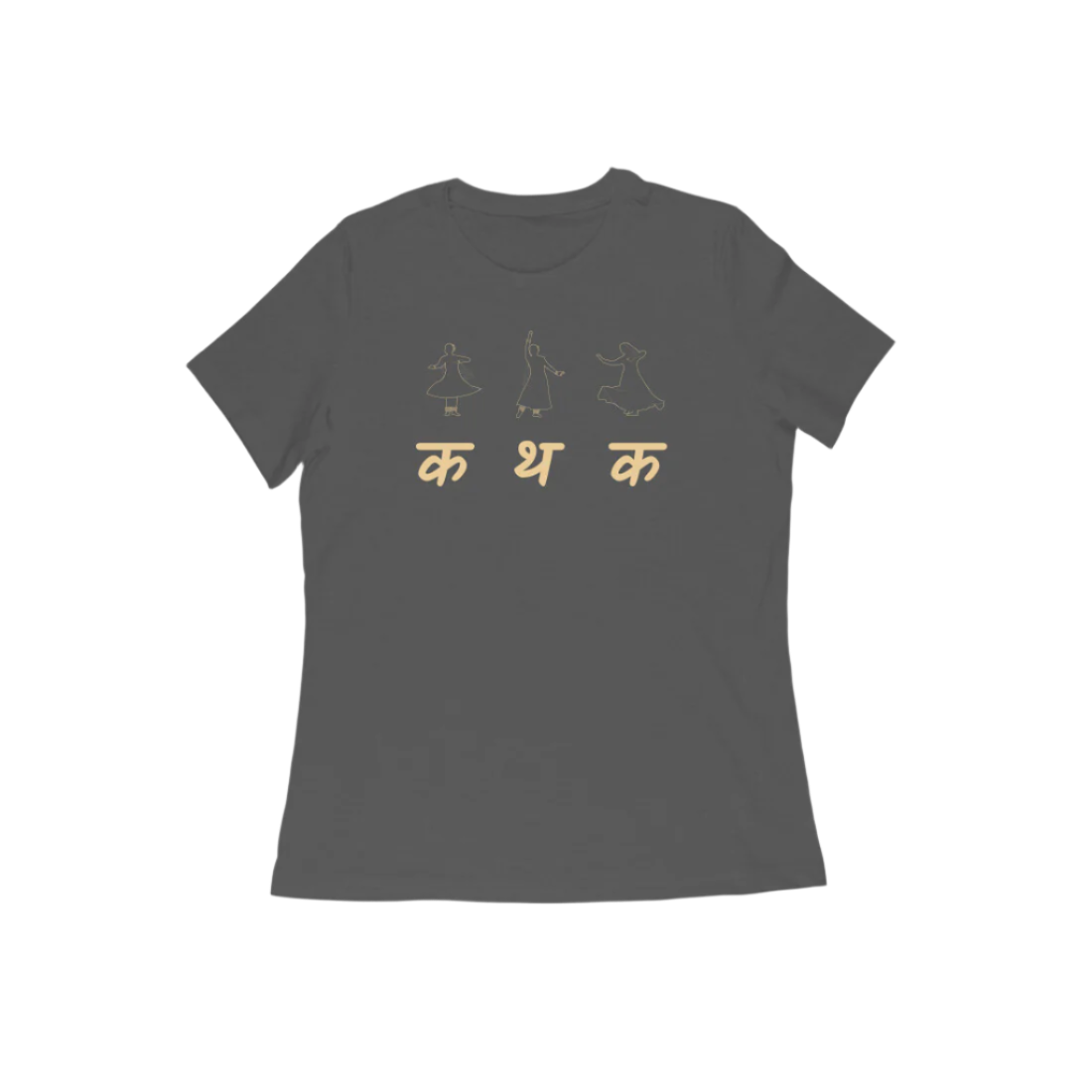 Kathak Women’s T-Shirt in charcoal grey from Store Asmi featuring classical dance Kathak Mudra design and elegant Devanagari text.