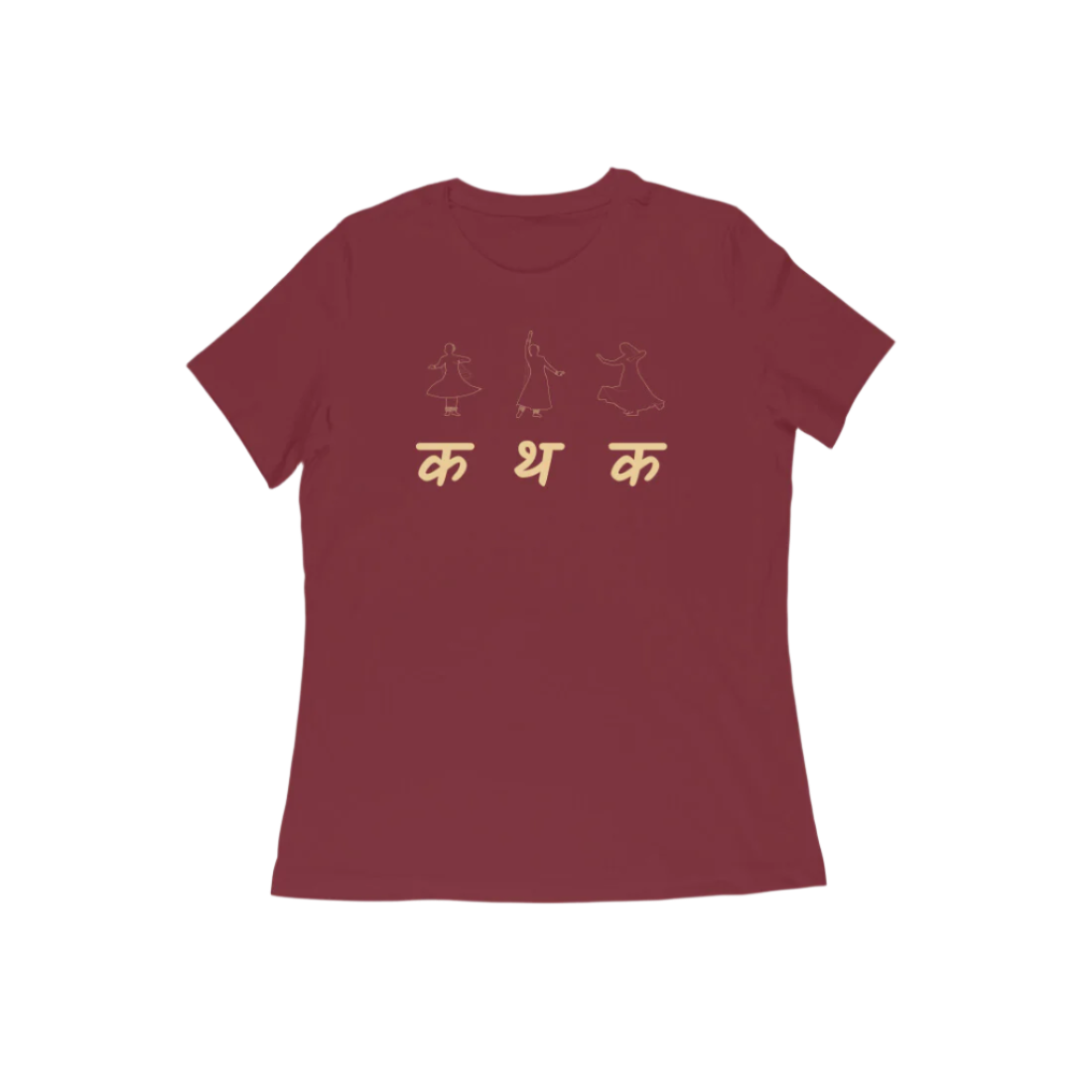 Kathak Women’s T-Shirt in maroon from Store Asmi featuring classical dance Kathak Mudra design and elegant Devanagari text.