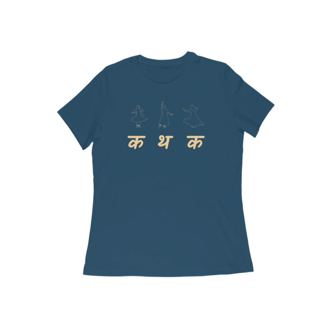 Kathak Women’s T-Shirt in navy blue from Store Asmi featuring classical dance Kathak Mudra design and elegant Devanagari text.