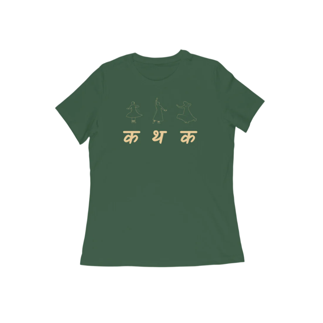 Kathak Women’s T-Shirt in olive green from Store Asmi featuring classical dance Kathak Mudra design and elegant Devanagari text.