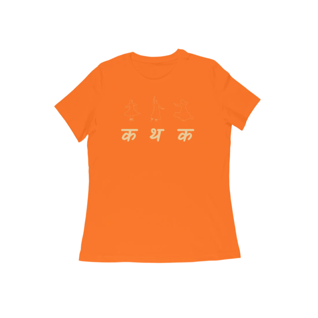 Kathak Women’s T-Shirt in orange from Store Asmi featuring classical dance Kathak Mudra design and elegant Devanagari text.