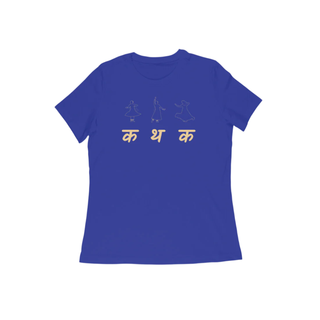 Kathak Women’s T-Shirt in royal blue from Store Asmi featuring classical dance Kathak Mudra design and elegant Devanagari text.
