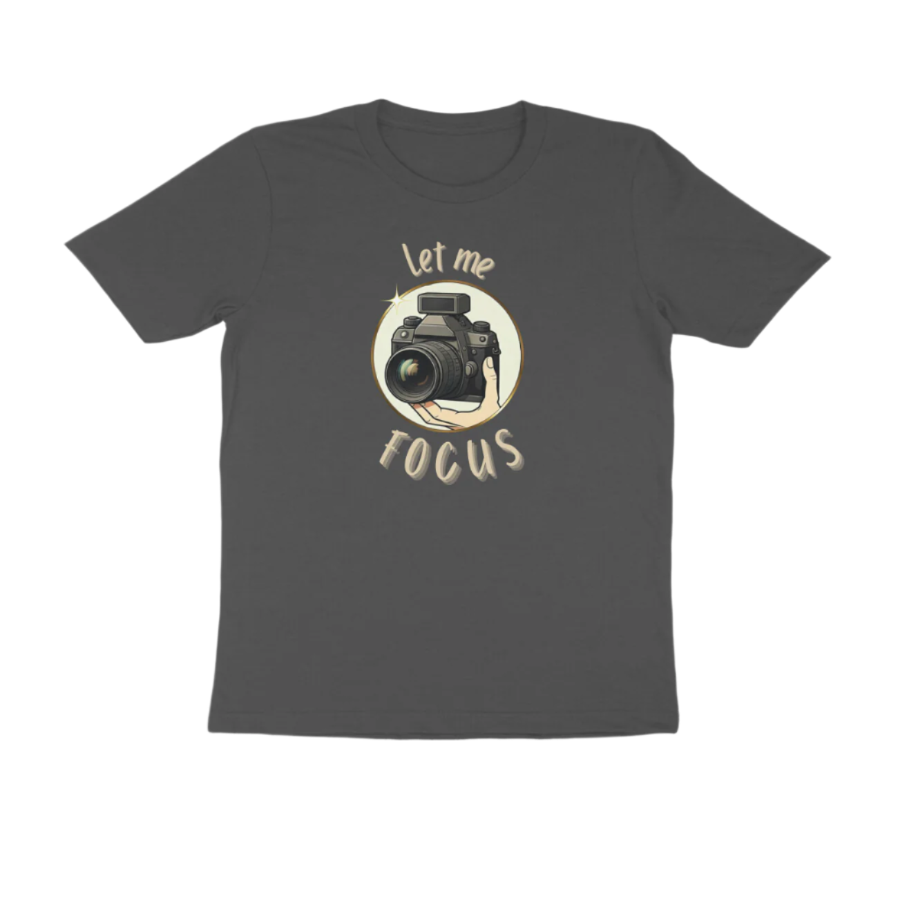 Let Me Focus men’s charcoal grey photography quote t-shirt with DSLR camera design and funny slogan, perfect gift for photographers by Store Asmi
