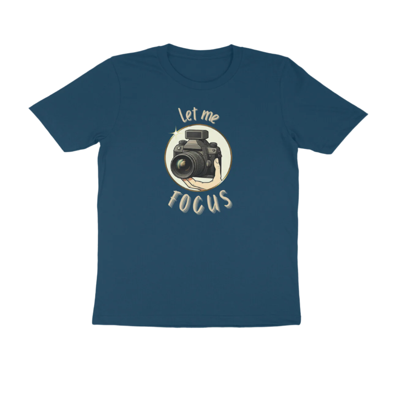 Let Me Focus men’s navy blue photography quote t-shirt with DSLR camera design and funny slogan, perfect gift for photographers by Store Asmi