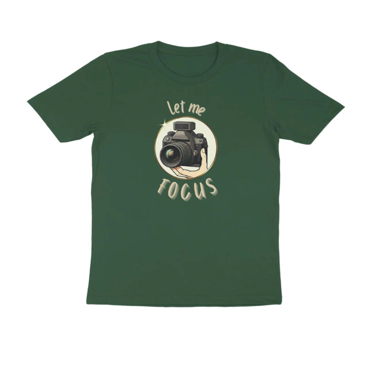 Let Me Focus men’s olive green photography quote t-shirt with DSLR camera design and funny slogan, perfect gift for photographers by Store Asmi