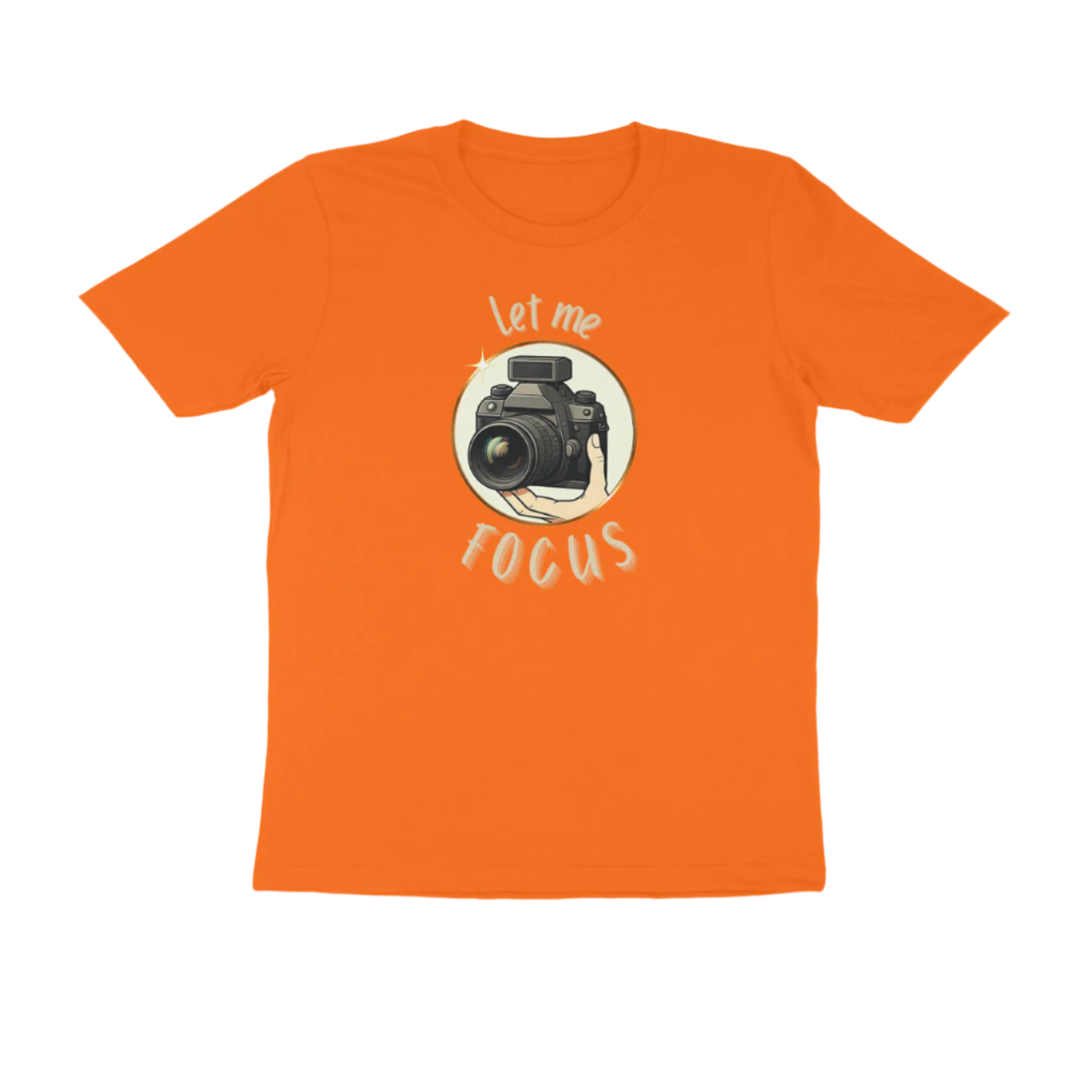 Let Me Focus men’s orange photography quote t-shirt with DSLR camera design and funny slogan, perfect gift for photographers by Store Asmi