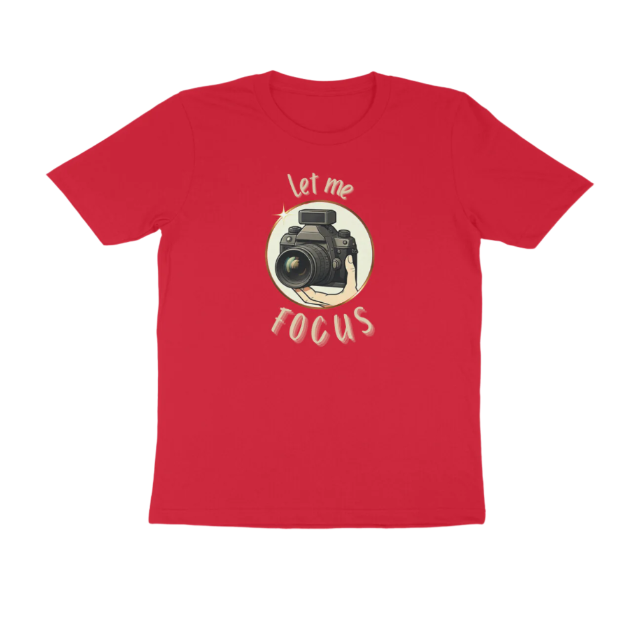 Let Me Focus men’s red photography quote t-shirt with DSLR camera design and funny slogan, perfect gift for photographers by Store Asmi