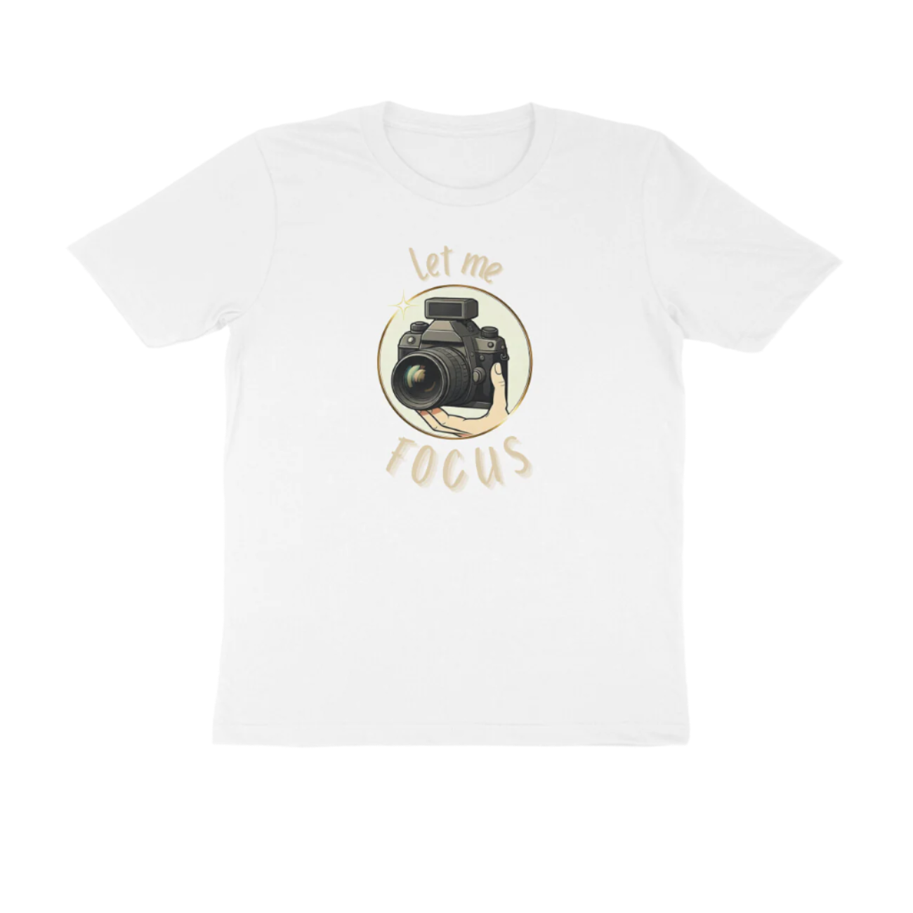 Let Me Focus men’s white photography quote t-shirt with DSLR camera design and funny slogan, perfect gift for photographers by Store Asmi