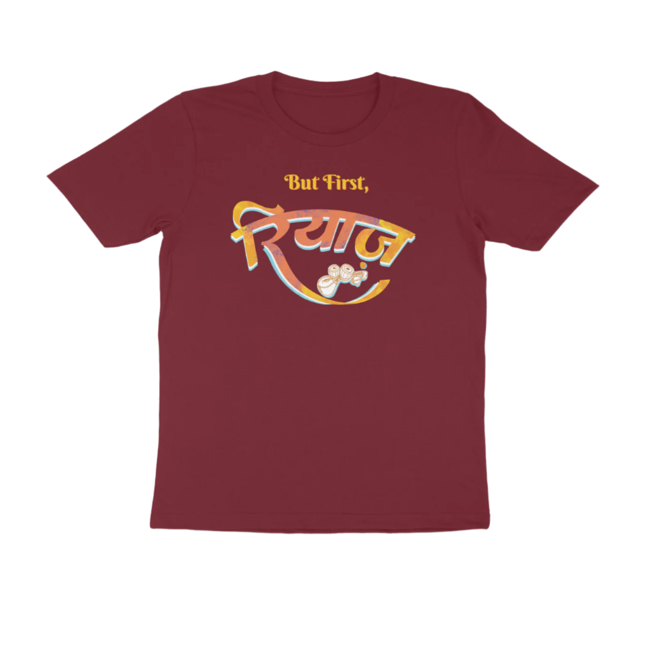 Maroon Riyaz men’s round neck music t-shirt with But First रियाज calligraphy and tabla artwork, a graphic printed classical cotton men’s t-shirt