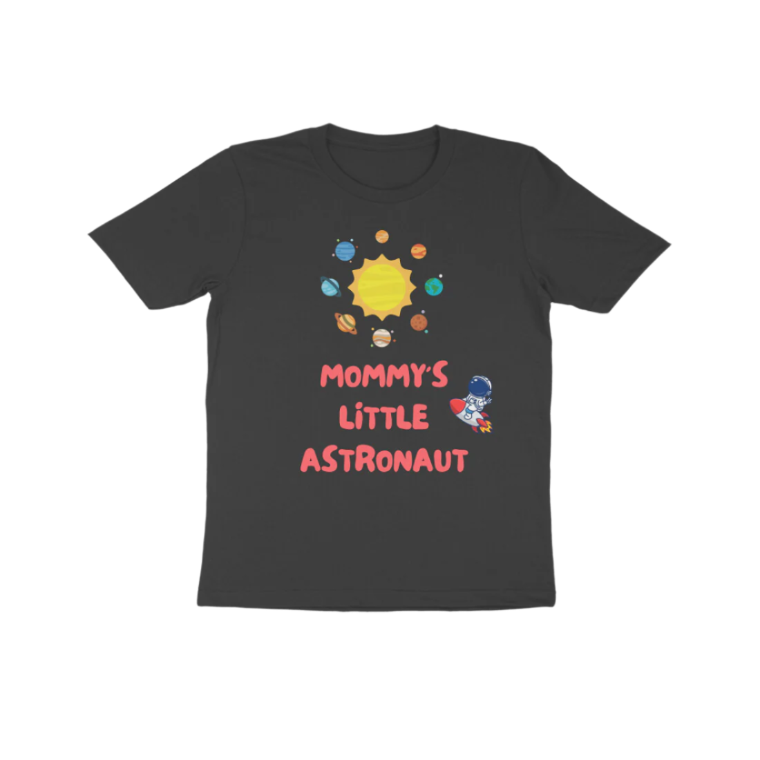 Mommy’s Little Astronaut Kid’s T-Shirt in black color from Store Asmi featuring space theme astronaut print.