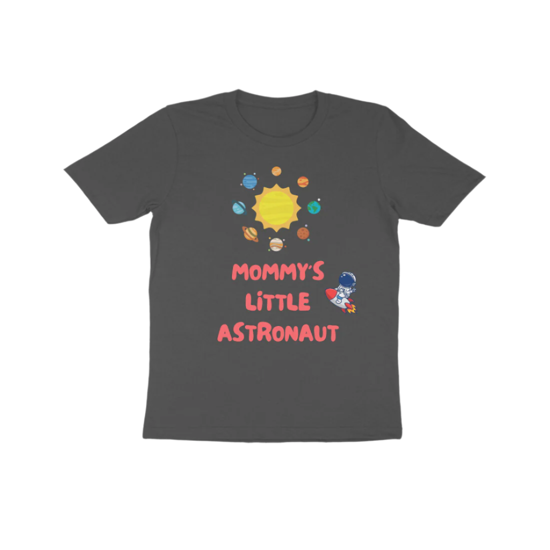Mommy’s Little Astronaut Kid’s T-Shirt in charcoal grey color from Store Asmi featuring space theme astronaut print.