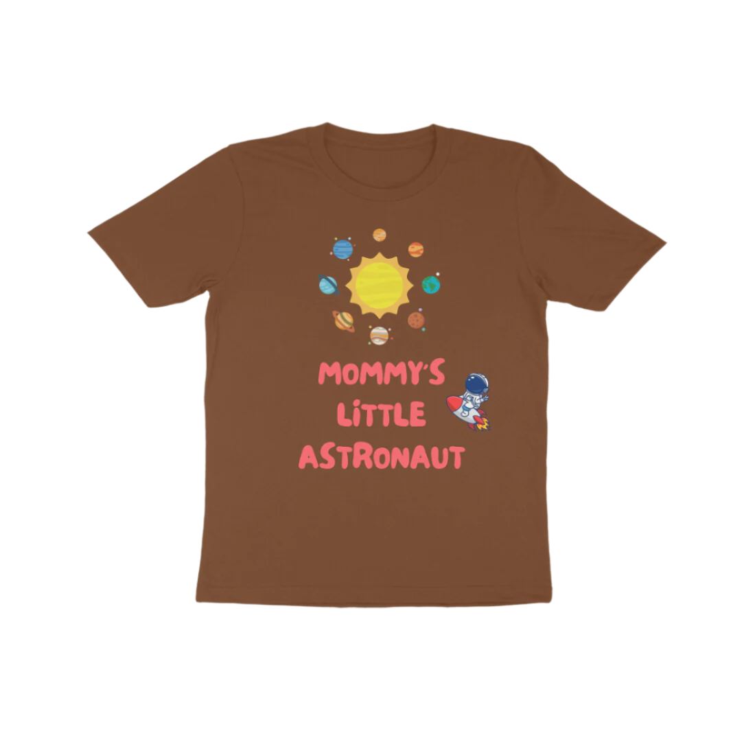 Mommy’s Little Astronaut Kid’s T-Shirt in coffee brown color from Store Asmi featuring space theme astronaut print.