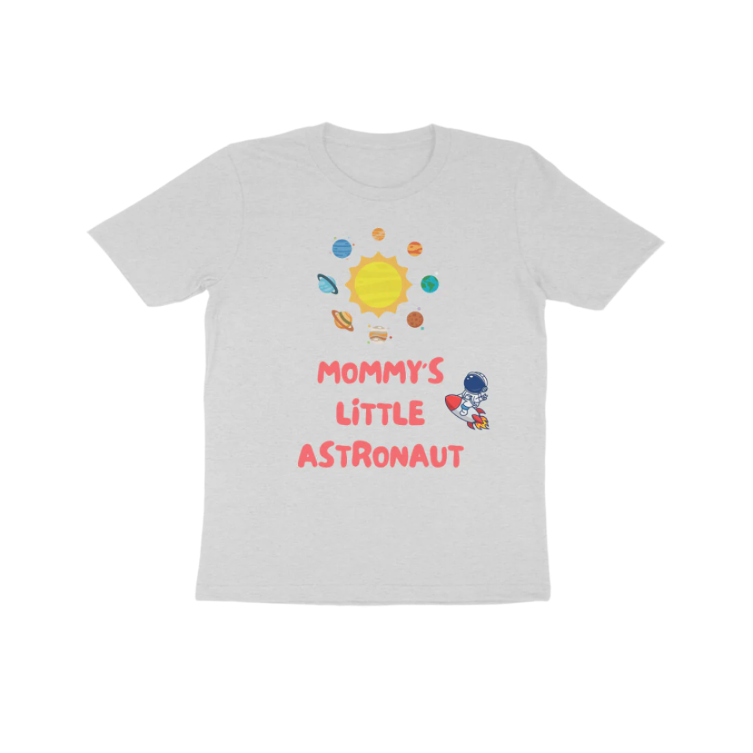 Mommy’s Little Astronaut Kid’s T-Shirt in melange grey color from Store Asmi featuring space theme astronaut print.