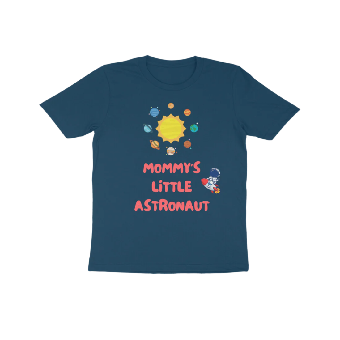 Mommy’s Little Astronaut Kid’s T-Shirt in navy blue color from Store Asmi featuring space theme astronaut print.
