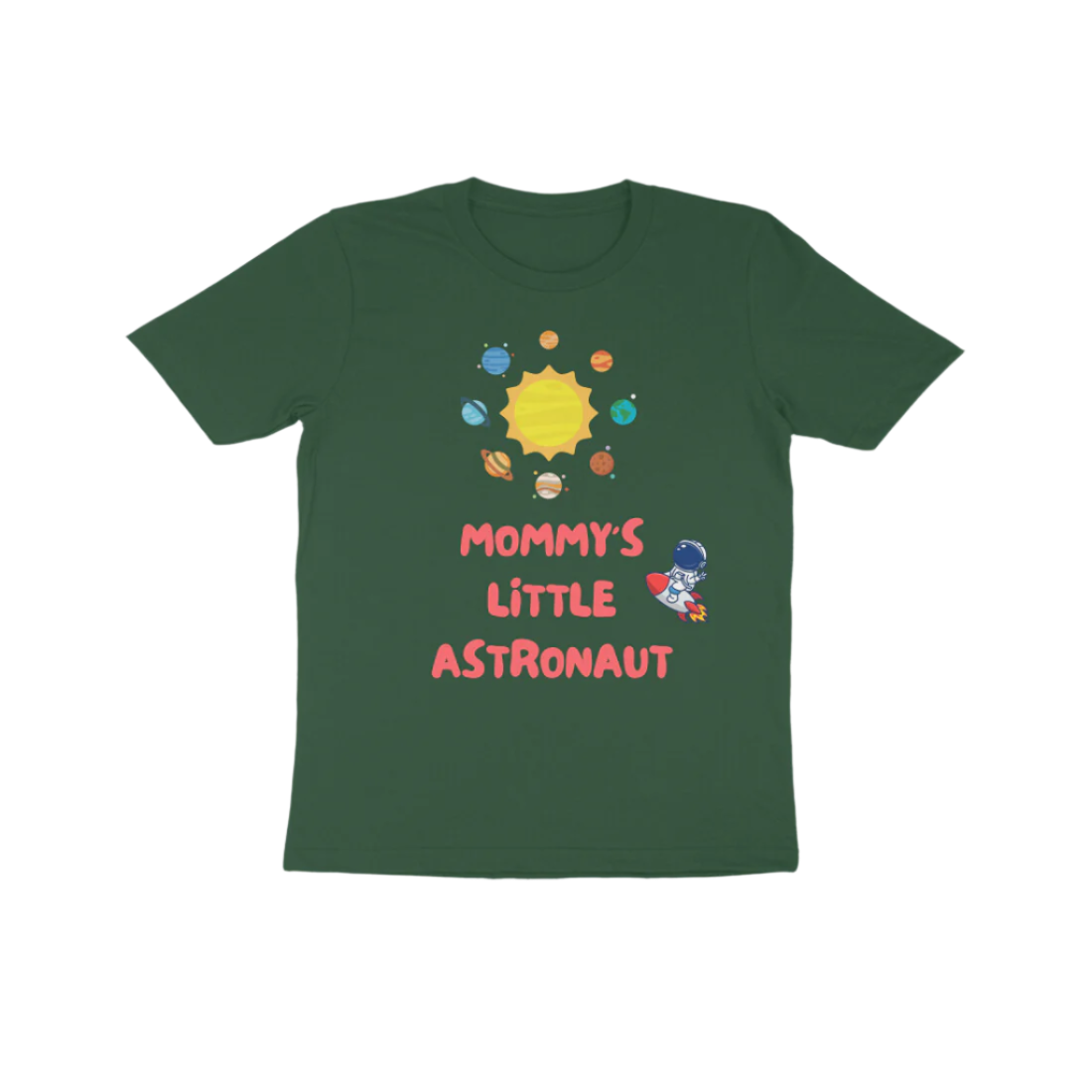 Mommy’s Little Astronaut Kid’s T-Shirt in olive green color from Store Asmi featuring space theme astronaut print.