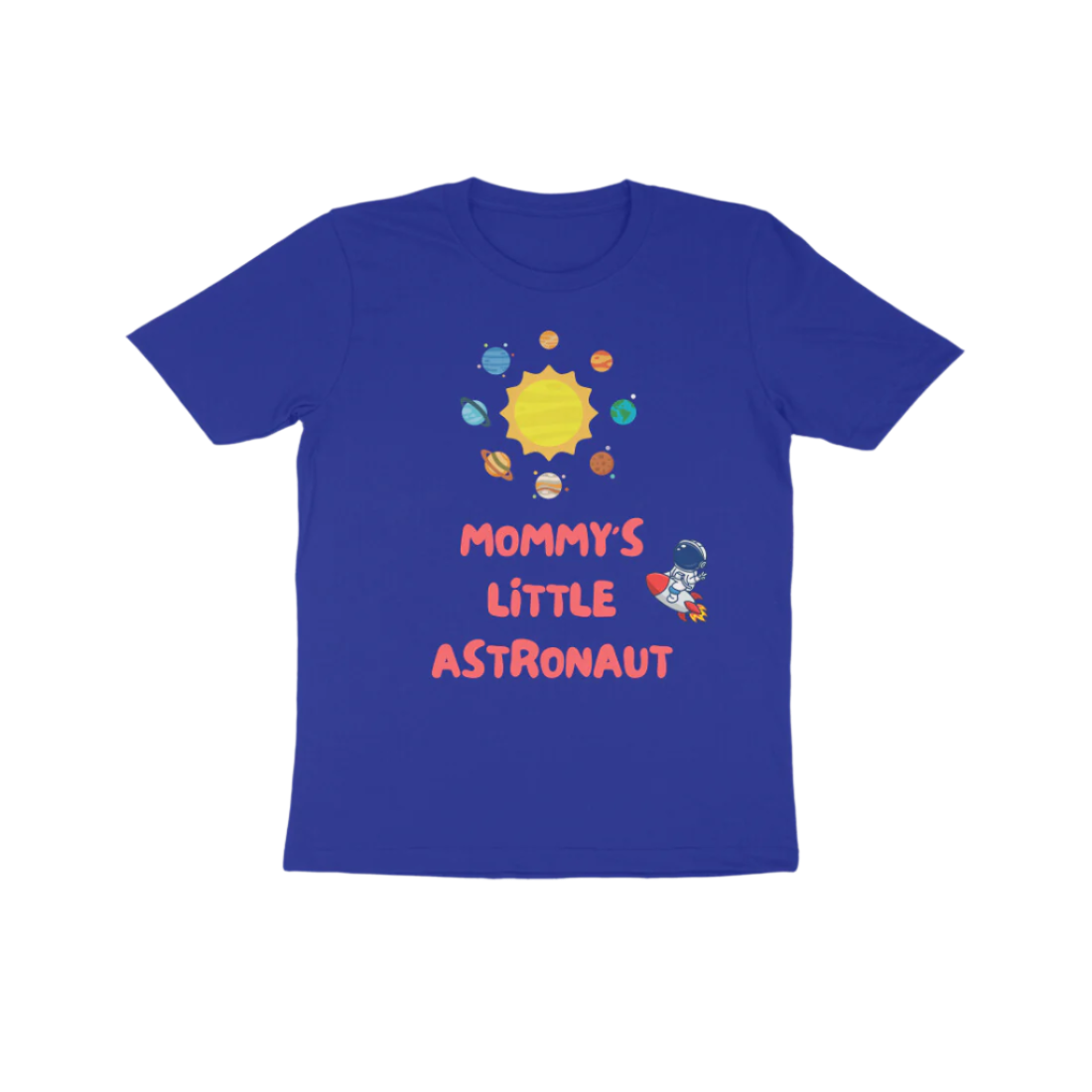 Mommy’s Little Astronaut Kid’s T-Shirt in royal blue color from Store Asmi featuring space theme astronaut print.