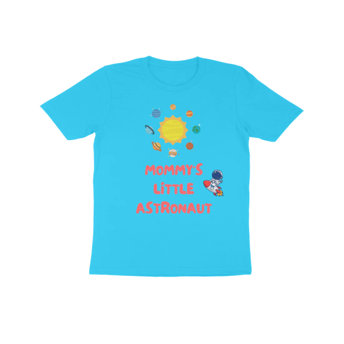 Mommy’s Little Astronaut Kid’s T-Shirt in sky blue color from Store Asmi featuring space theme astronaut print.
