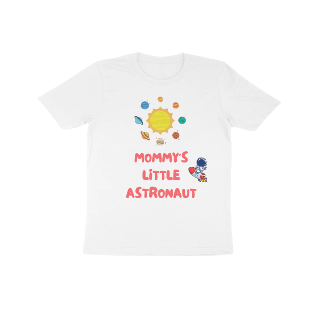 Mommy’s Little Astronaut Kid’s T-Shirt in white color from Store Asmi featuring space theme astronaut print.