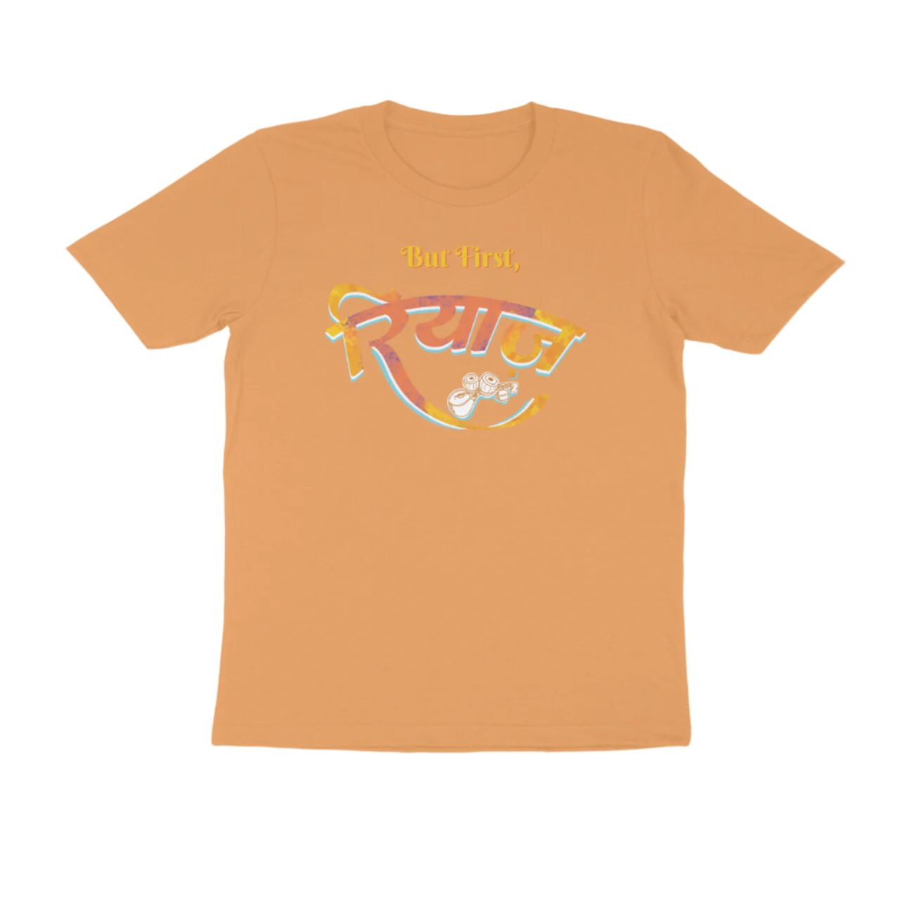 Mustard Yellow Riyaz men’s round neck music t-shirt with But First रियाज calligraphy and tabla artwork, a graphic printed classical cotton men’s t-shirt