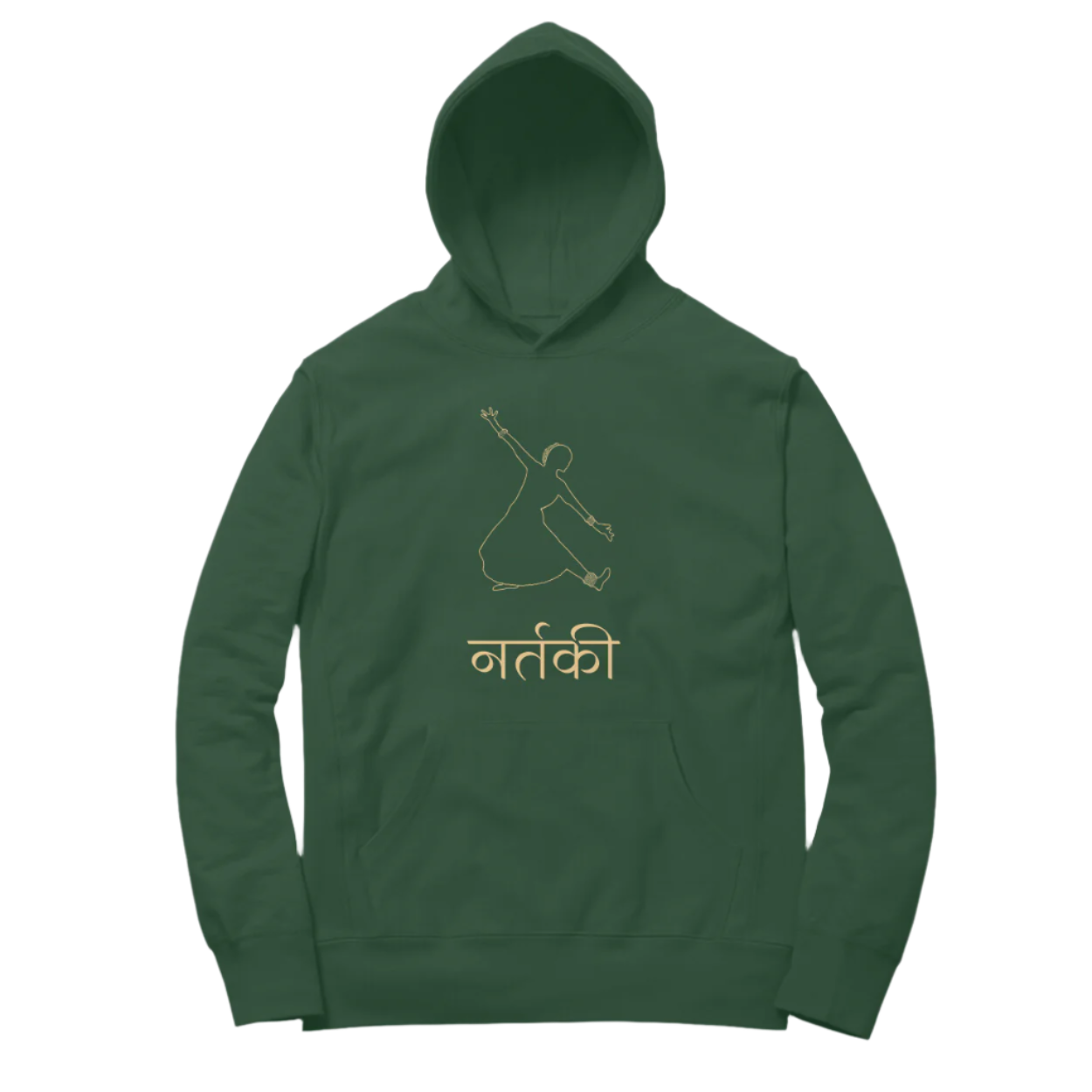 Nartaki Bharatnatyam Hoodie olive green color with classical Indian dance inspired design and mudra artwork for women, Store Asmi