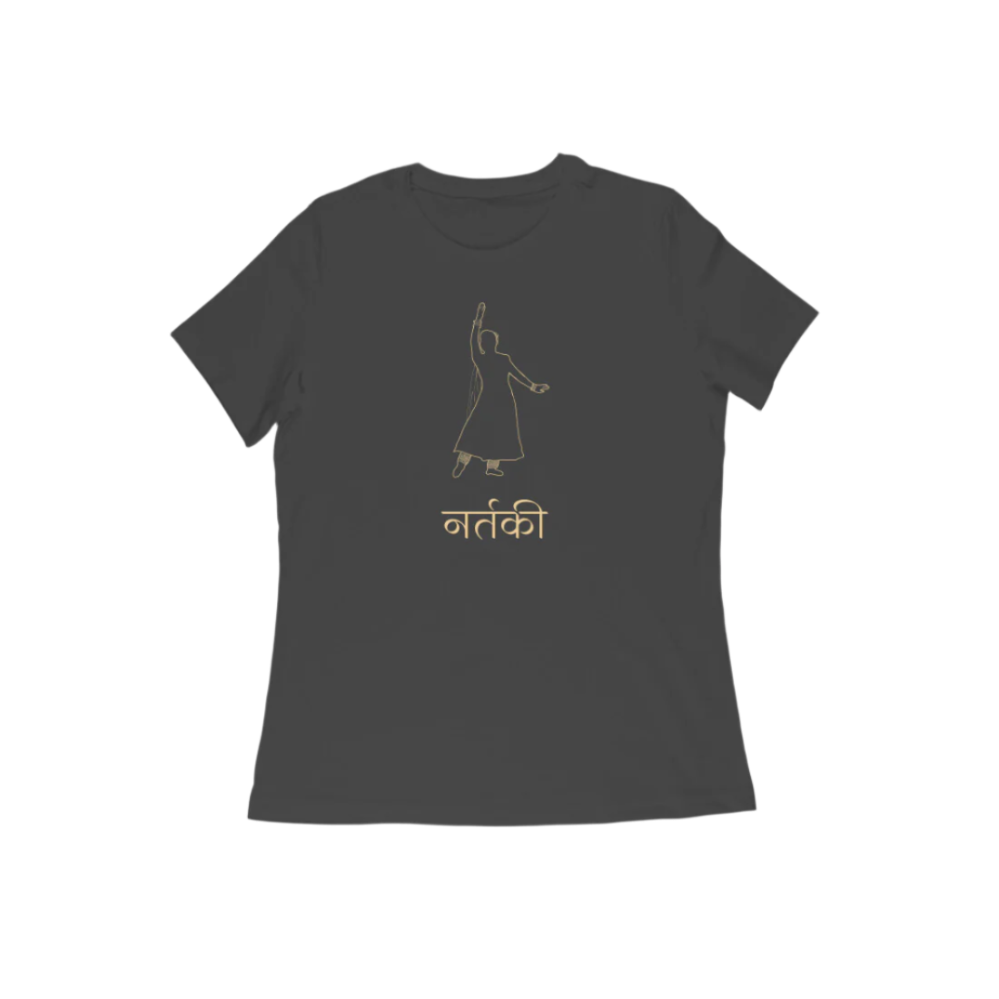 Nartaki Kathak T-Shirt for Women in black color from Store Asmi featuring Kathak Mudra dance pose print.