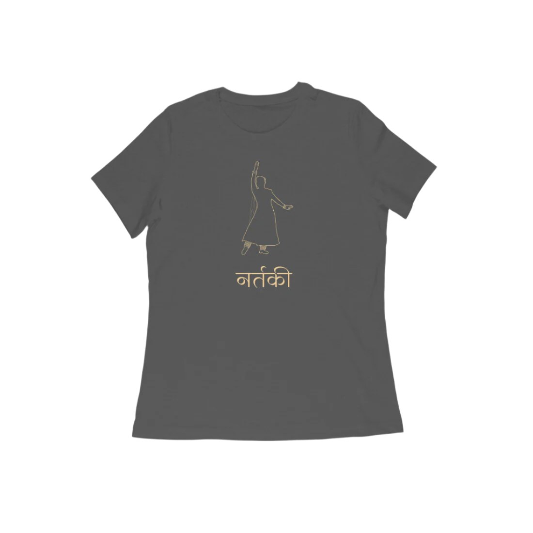 Nartaki Kathak T-Shirt for Women in charcoal grey color from Store Asmi featuring Kathak Mudra dance pose print.